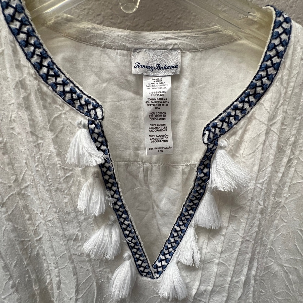 Tommy Bahama Cream and Navy Tassel Dress Size Large 100% Cotton